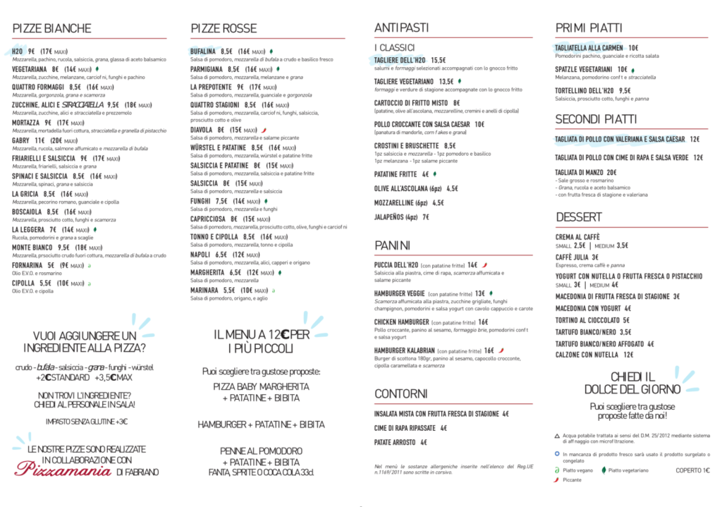 Menu Pizzeria - Ristorante Pizzeria Bar H2O Food&Drink Fabriano